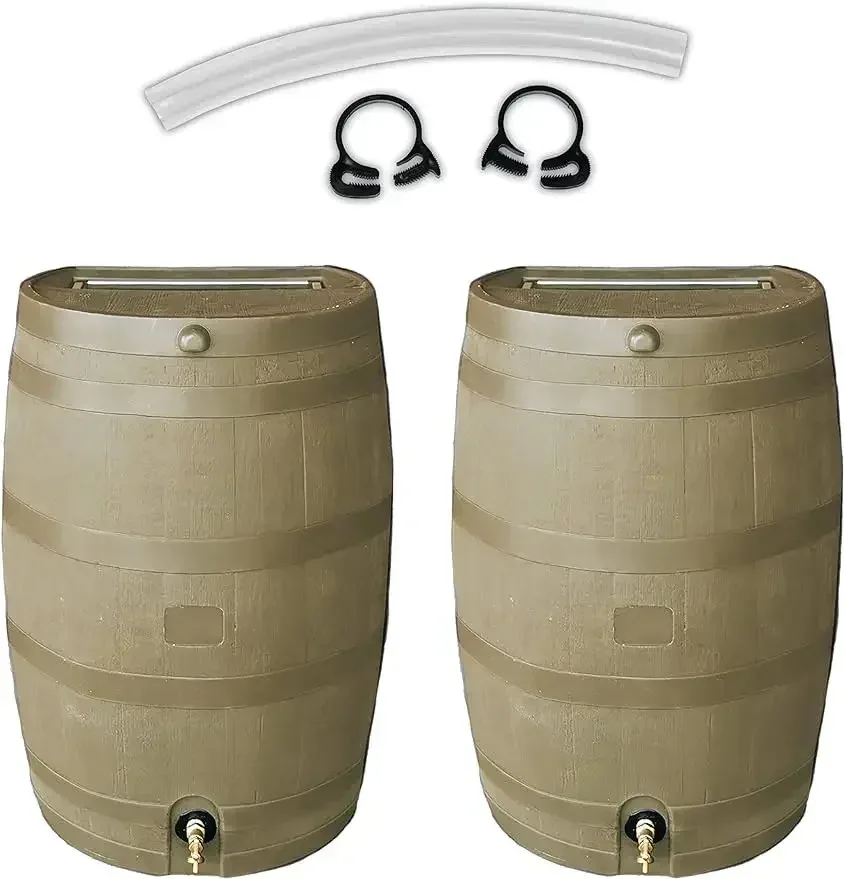 

RTS Home Accents 50 Gallon Flat Back Rain Barrel with Link Kit, Oak (2 Pack)