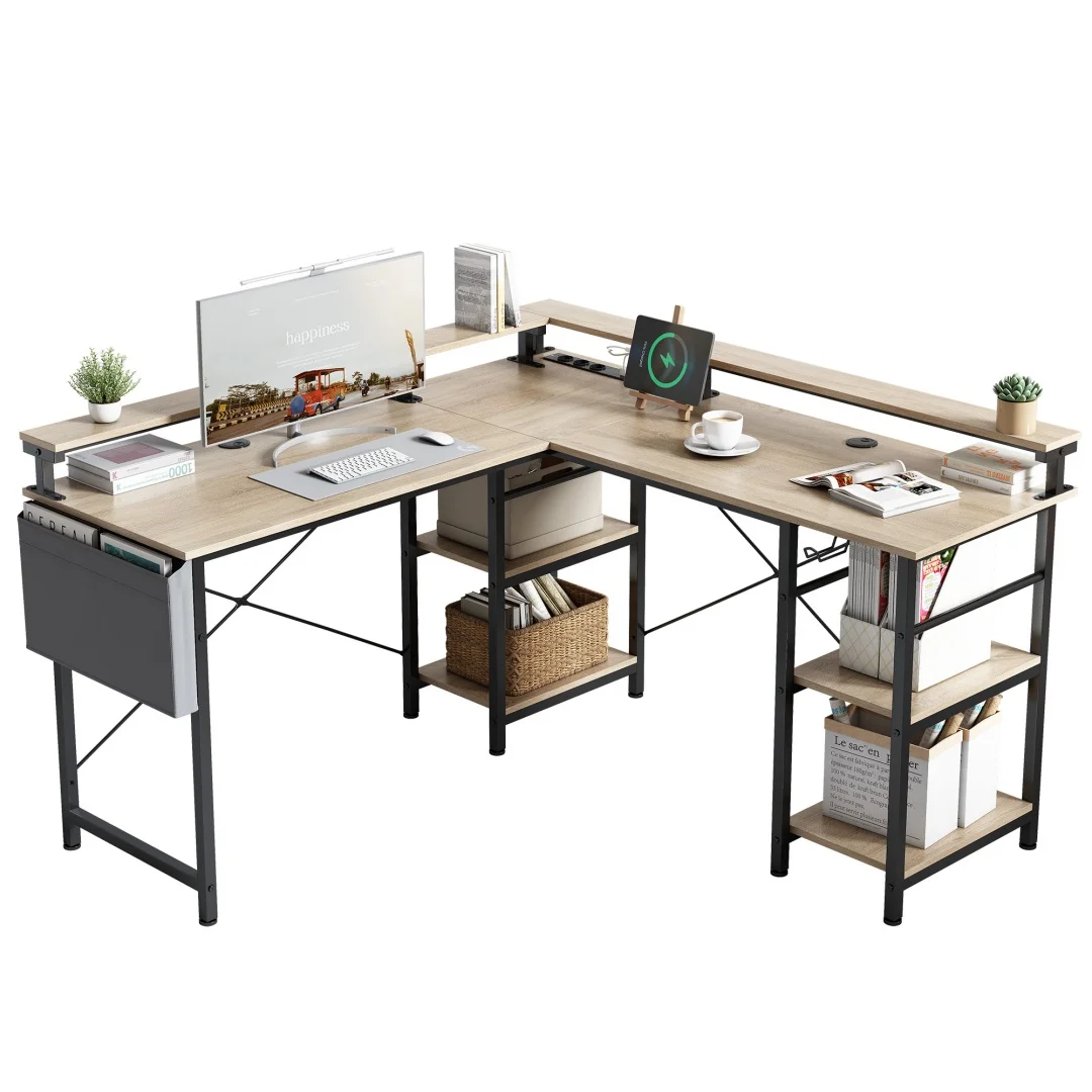 Eckschreibtisch mit Doppelablage L-förmig Computer Tisch mit Regal und Haken höhenverstellbar 140cm – Detail 2
