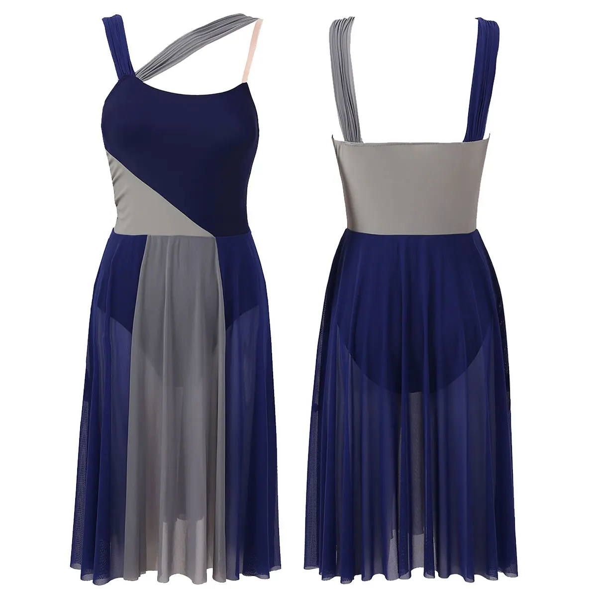 Women Dance Dress Sleeveless Color Block Ballet Modern Contemporary Lyrical Asymmetrical Chiffon Mesh Splice Leotards