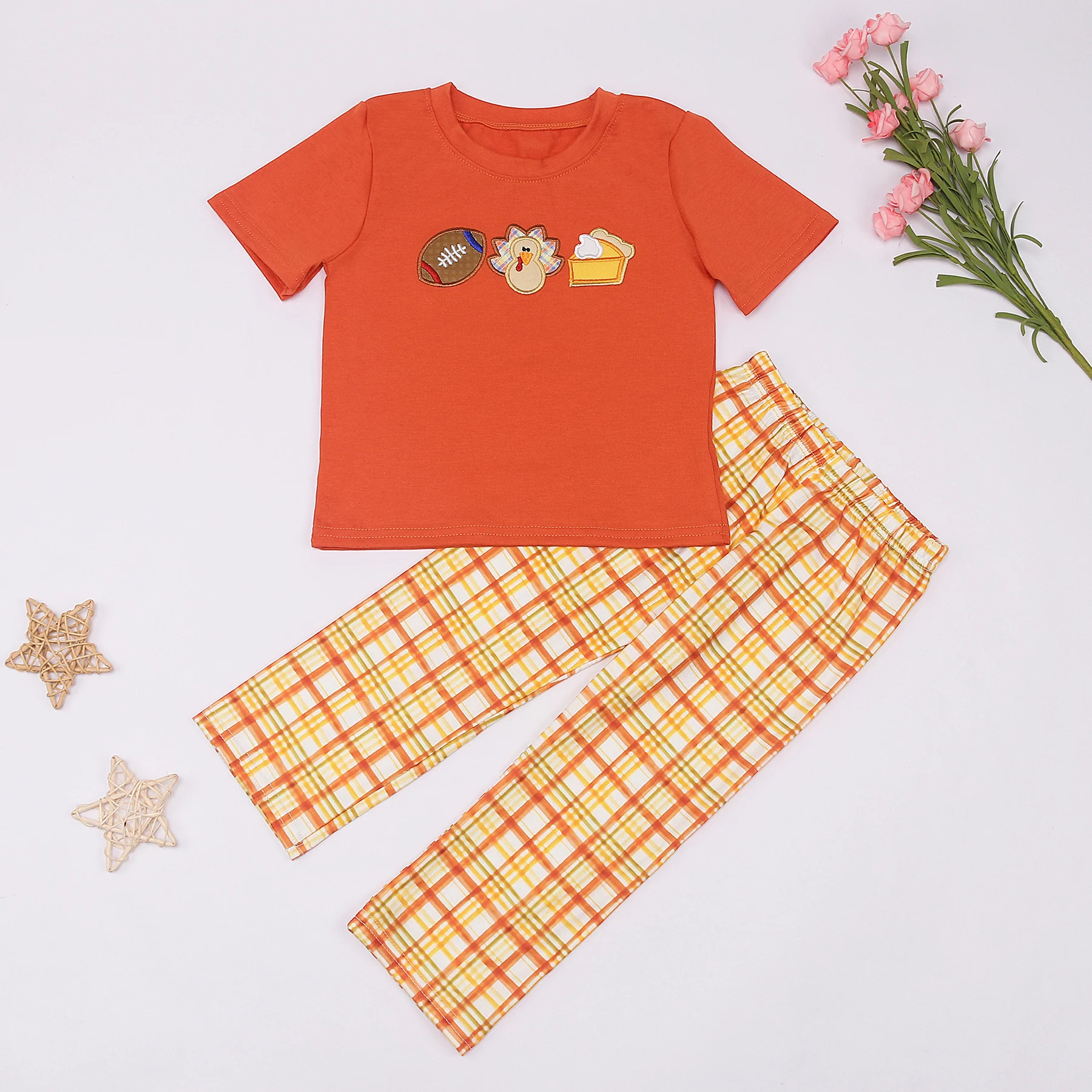 

Children's Clothing for Boy Thanksgiving Football and Turkey and Cake Cotton Fabric Bebe Clothings Set Pants 2023