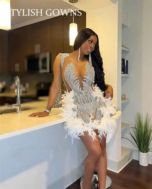 Mini Cocktail Birthday Dresses | White Birthday Dress Feathers - White  Sheer Neck - Aliexpress