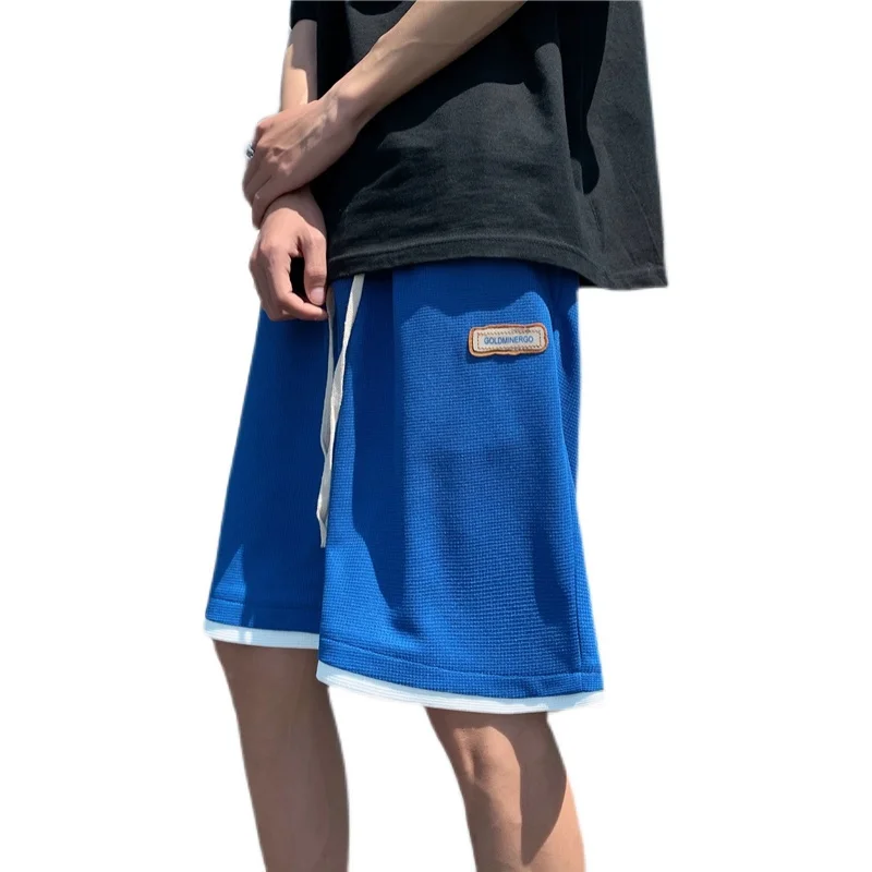 Men Waffle Patchwork Handsome Sport Shorts Loose Fitness Knee Length Shorts Designer Drawstring Hip Hop Straight Ulzzang Shorts