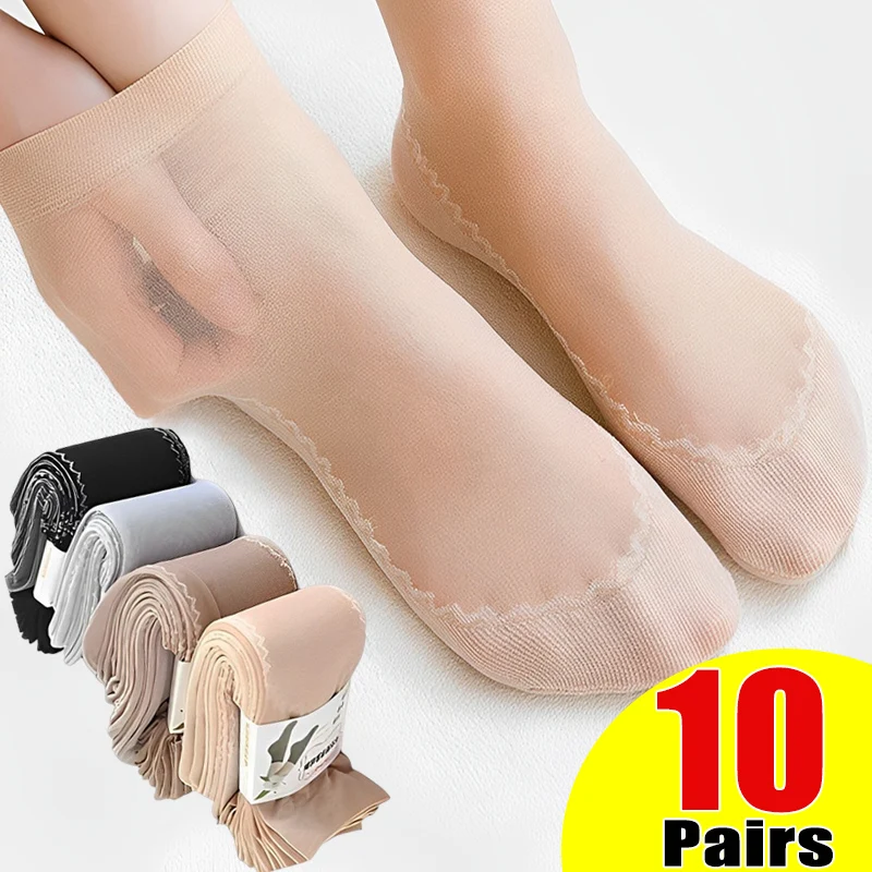 

20Pcs=10Pais Summer Women Socks Non-Slip Sweat-Absorbing Cotton Soft Thin Breathable Fashion Sexy Silk Sock Ladies Transparent