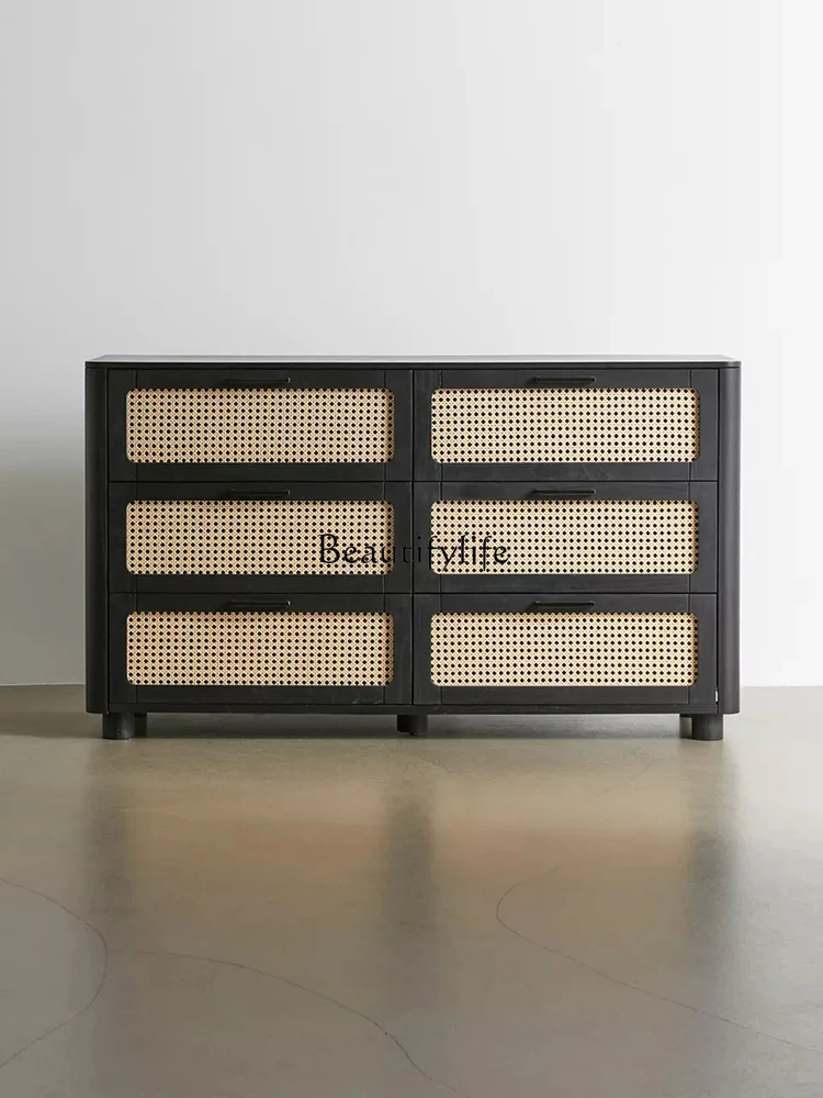 French Style Solid Wood Vintage Rattan Storage Cabinet Small Apartment Home Entrance Drawer Storage Cabinet