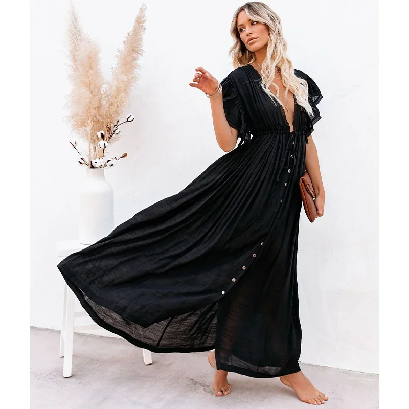 Sexy Bikini Cover-ups Long White Tunic Casual Summer Beach Dress Elegant Women Clothes Beach Wear Swim Suit Cover Up