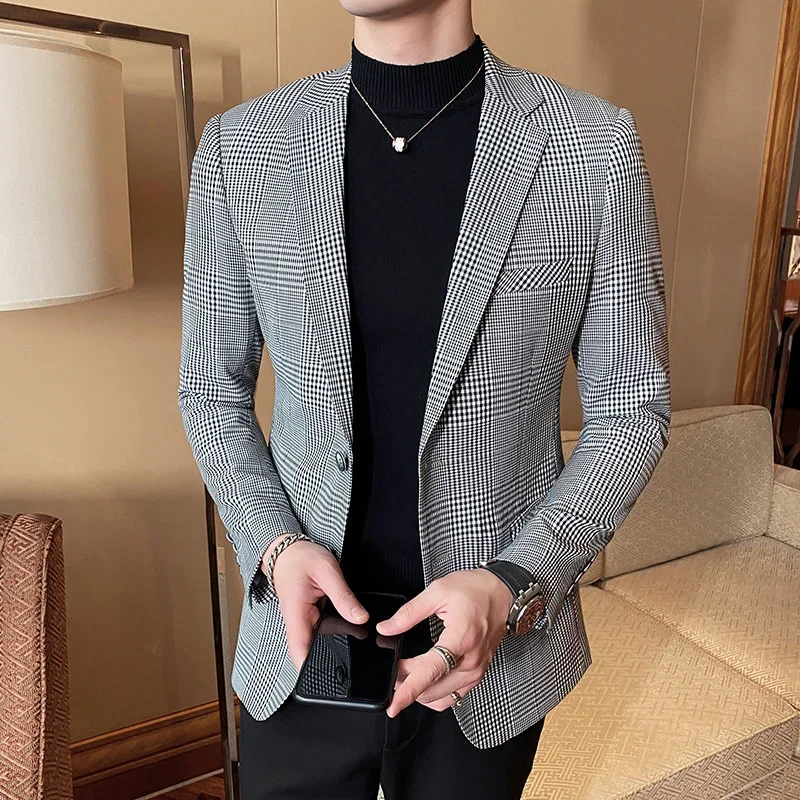 

2023 Trendy Men's Blazer Personality High quality Fashion Houndstooth Plaid Suit Men's Youth Korean Edition Casual Top M-4XL