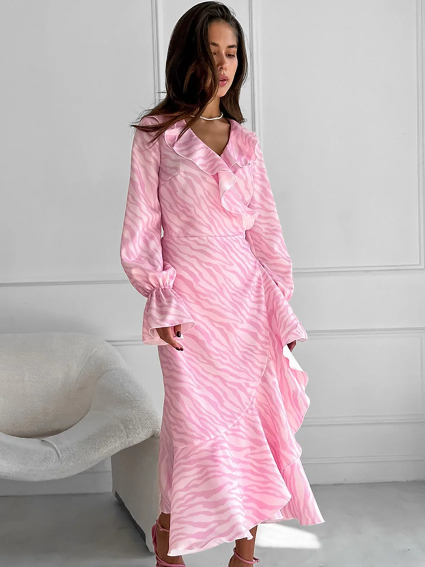 Pink Printed Ruffled Long Dress Women's Lace-Up Long Sleeve Elegant Contrast Patchwork Party Dress Female Bandage Dress