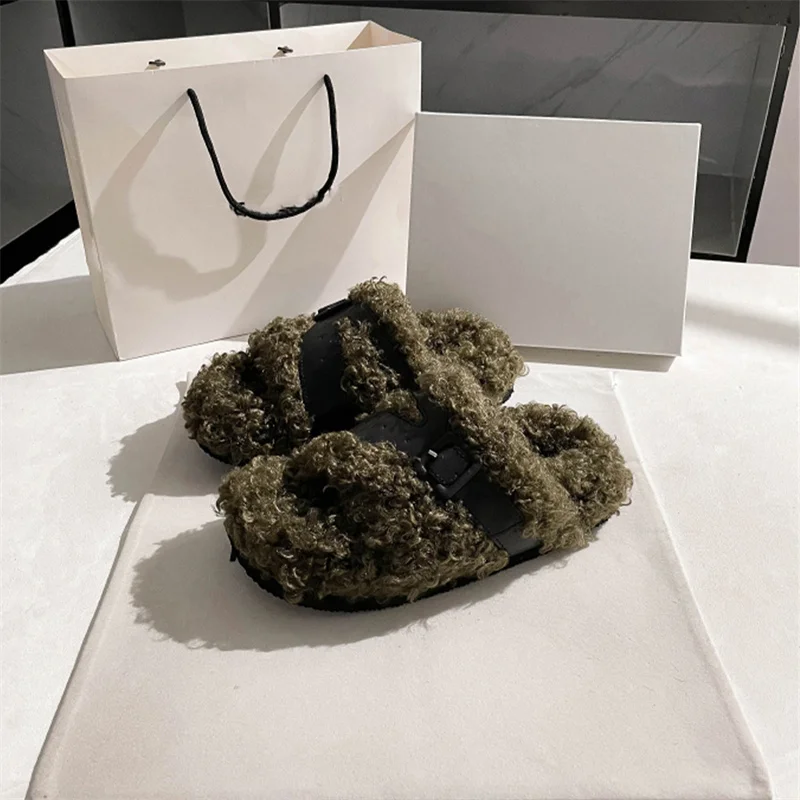 2023 Winter New Wool Slippers Fashion Soft Warm Comfortable Flat Slippers Brand Designer Casual Home Flat Slippers