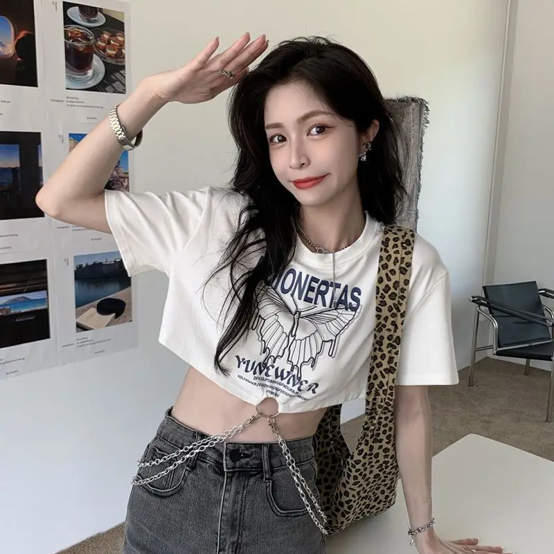 

American Street Short Exposed Navel Chain T-shirt For Students Korean Loose Women Tshirt Kawaii Crop Top Shirt Goth Accessories
