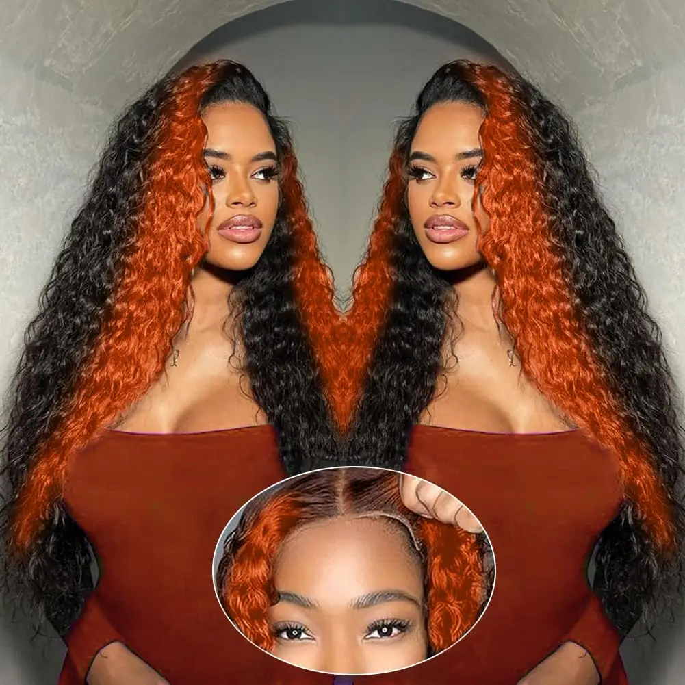 Orange Highlight Colored Deep Wave Lace Front Wigs Human Hair Pre Plucked 13x6 HD Lace Front Wigs Ginger Curly Human Hair Wig