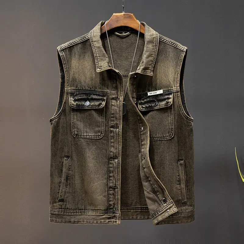 Men's Punk Rock Motorcycle Biker Denim Vest Distressed Print Slim