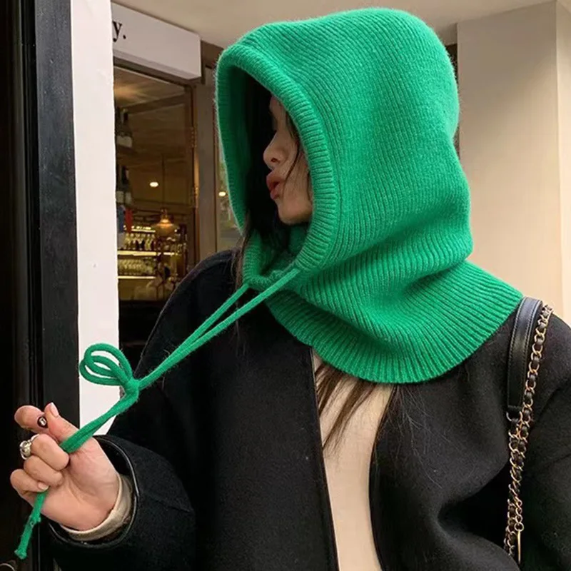 

Winter Balaclava Hats For Men&Women Unisex Knitted Hooded Caps Outdoor Warmer Drawstring Hats One-Piece Neck Collar Beanies Cap