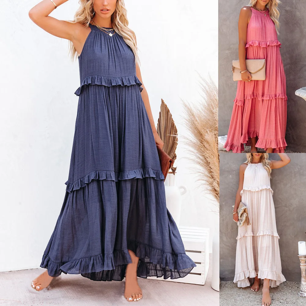 

SKMY Casual O-Neck Sleeveless Ruffles Long Dresses Bohemain Solid Color Beach Wear Loose Dress 2023 Summer Clothes For Women
