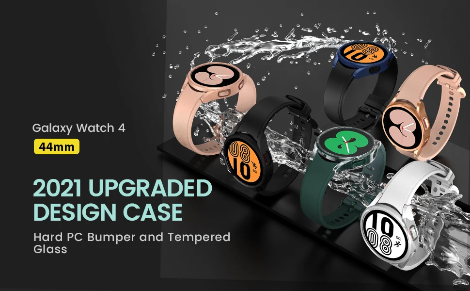 Samsung Galaxy Watch 4 Screen Protector and Case 44mm, Anti-Fog Tempered Glass Protective Film and Hard PC Bumper Smartwatch