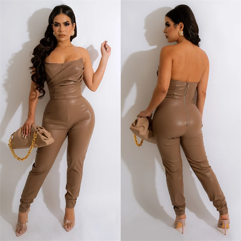 

Echoine Pleated PU Leather Slash Neck Jumpsuit Women Sexy Backless Zipper Slim One Piece Overalls Clubwear Long Rompers