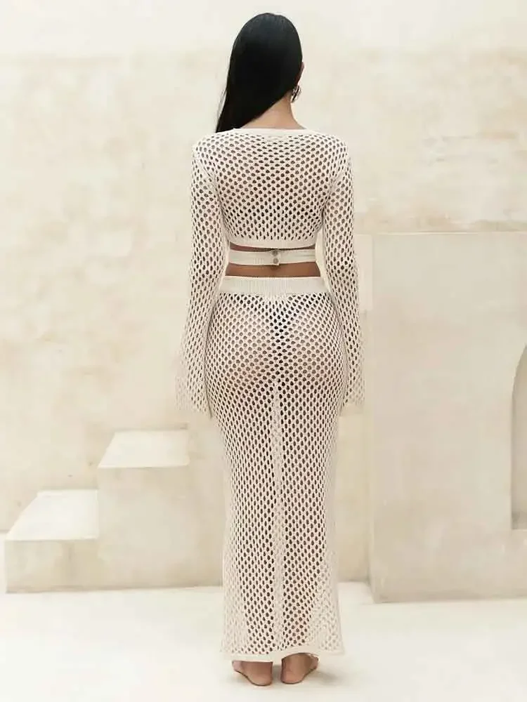 Swimsuit Cover Up Swimsuit Coverup Beach Dress Set Knitted Skirt Set Sexy Knit Cut Out Two Piece Swimsuit Cover Up Summer Women Bell Sleeve Waist Tie Up Top Long Skirt Set Club Beach Dress K41