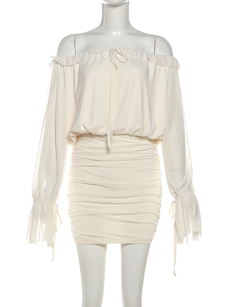 Nibber Slash Neck Dress Women Sexy See Through Drawstring Butterfly Sleeve Ruffles Ruched Skinny Peach Hip Clubwear Mini Bodycon