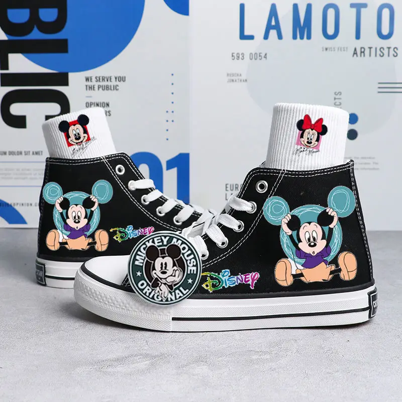 

real 2024 Autumn new Joint Name Mickey Mouse Minnie Canvas Shoes Hand-painted Board Shoes For Boys And Girls Korean Version