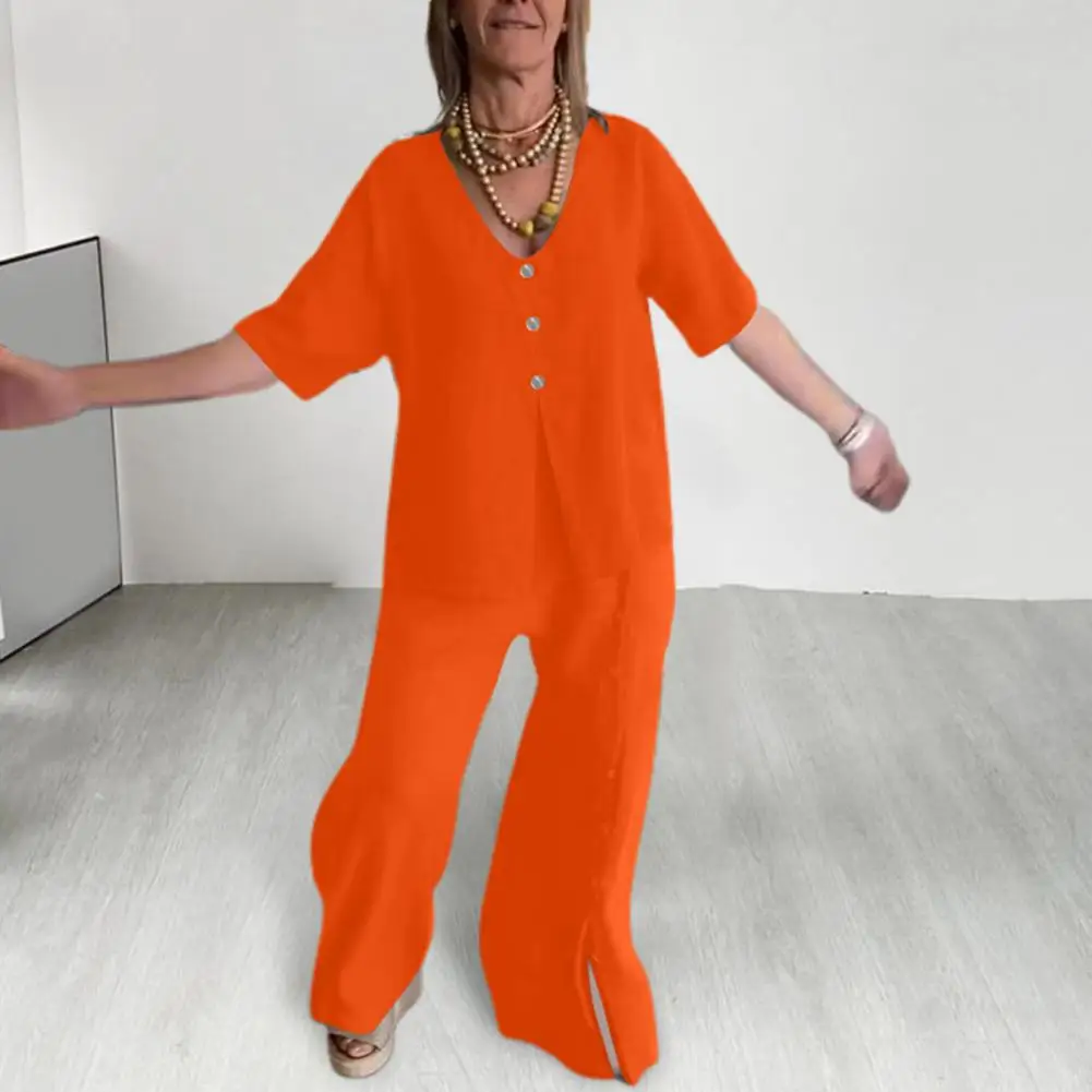 

Женский комплект из футболки и брюк, стильный женский комплект из топа с V-образным вырезом и брюк с широкими штанинами, свободный разрез для повседневного использования