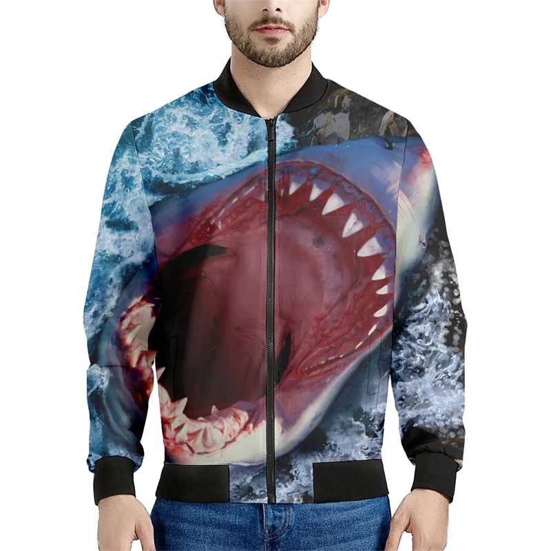 Ropa de diseñador para hombre, chaquetas de bombardero con estampado 3D de tiburón para hombre y mujer, chaqueta de vuelo, abrigo de cuello alto estilo hip hop callejero con cremallera, tops de gran t