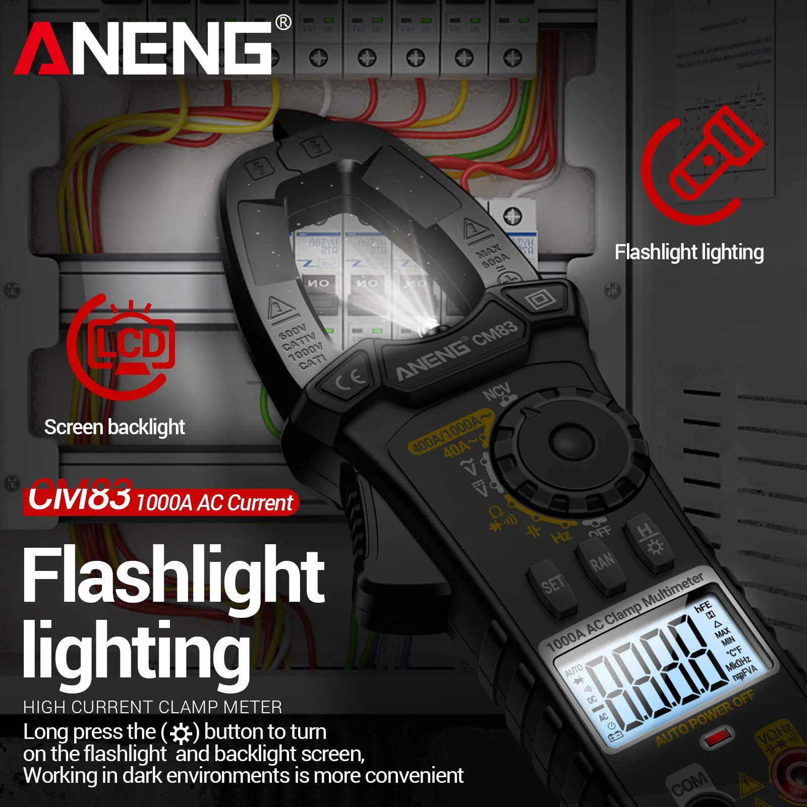 ANENG CM83 클램프 미터 1000A AC 전류 600V AC/DC 전압 4000 카운팅, NCV/정전용량/저항/주파수 측정 기능 포함