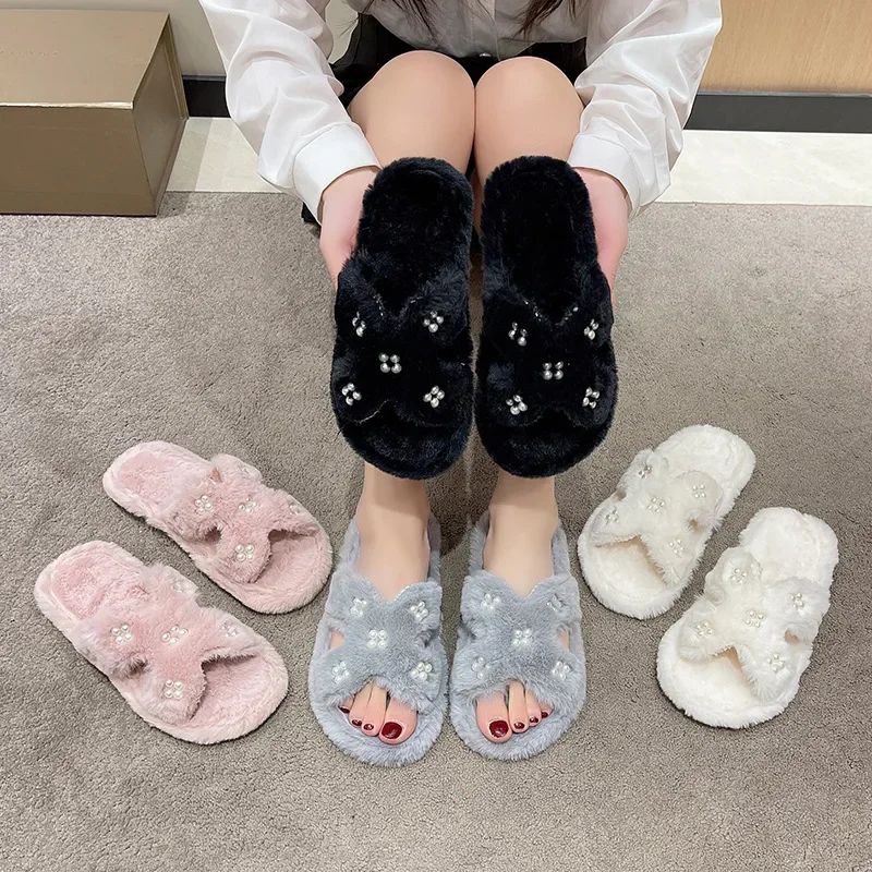 Winter Warm Plush Pearl Slippers Women Fashion Cross Fluffy Fur Shoes Home Slides Flats Indoor Floor Flip Flops Female Shoes