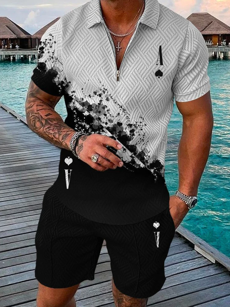 New Polo Shirts Shorts Set Men Luxury Brand Male Clothing Short-Sleeved Poker Polo Men Tracksuit Casual T Shirt Zipper Polo Suit