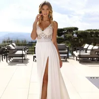 Elegant V-Neck Wedding Dresses Women Lace Open Back A-Line Spaghetti Straps Applique Chiffon Bridal Vestidos De Novia Customized 1