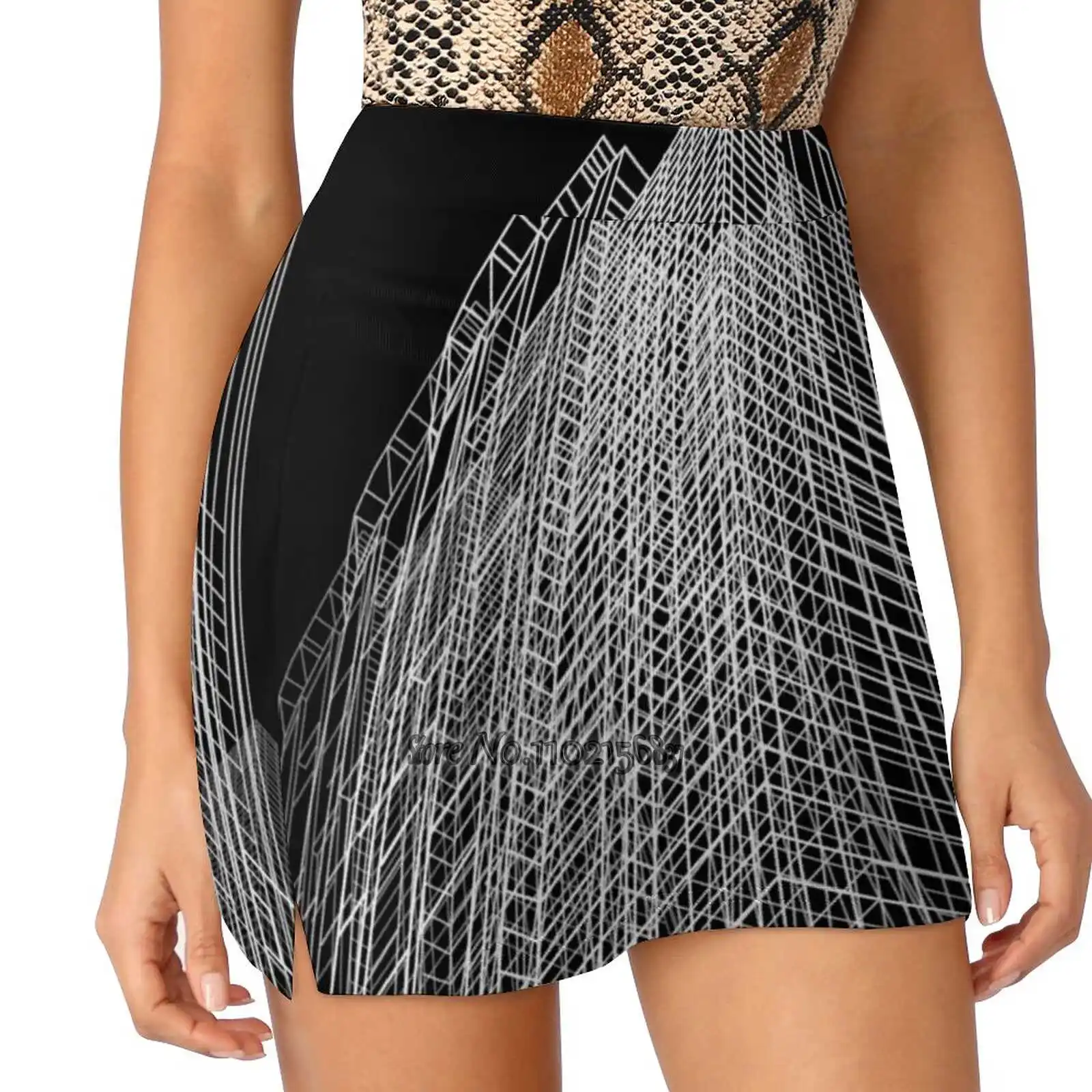 

Skyscraper In The Night Fake Two-Piece Hakama Skirt Women Pencil Skirts Workout Sports Mini Skirt Sky Minimal Modern Black And