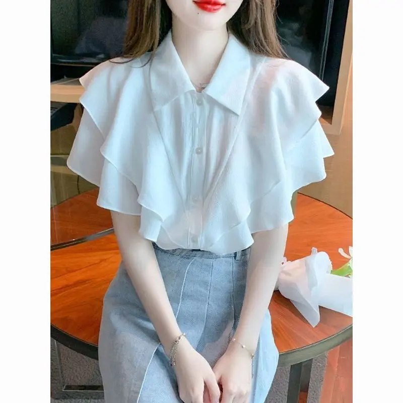 

Korean Summer Women's POLO Collar 3D Ruffles Single Breasted Batwing Sleeve Simplicity Loose Short Sleeve Chiffon Shirt Tops