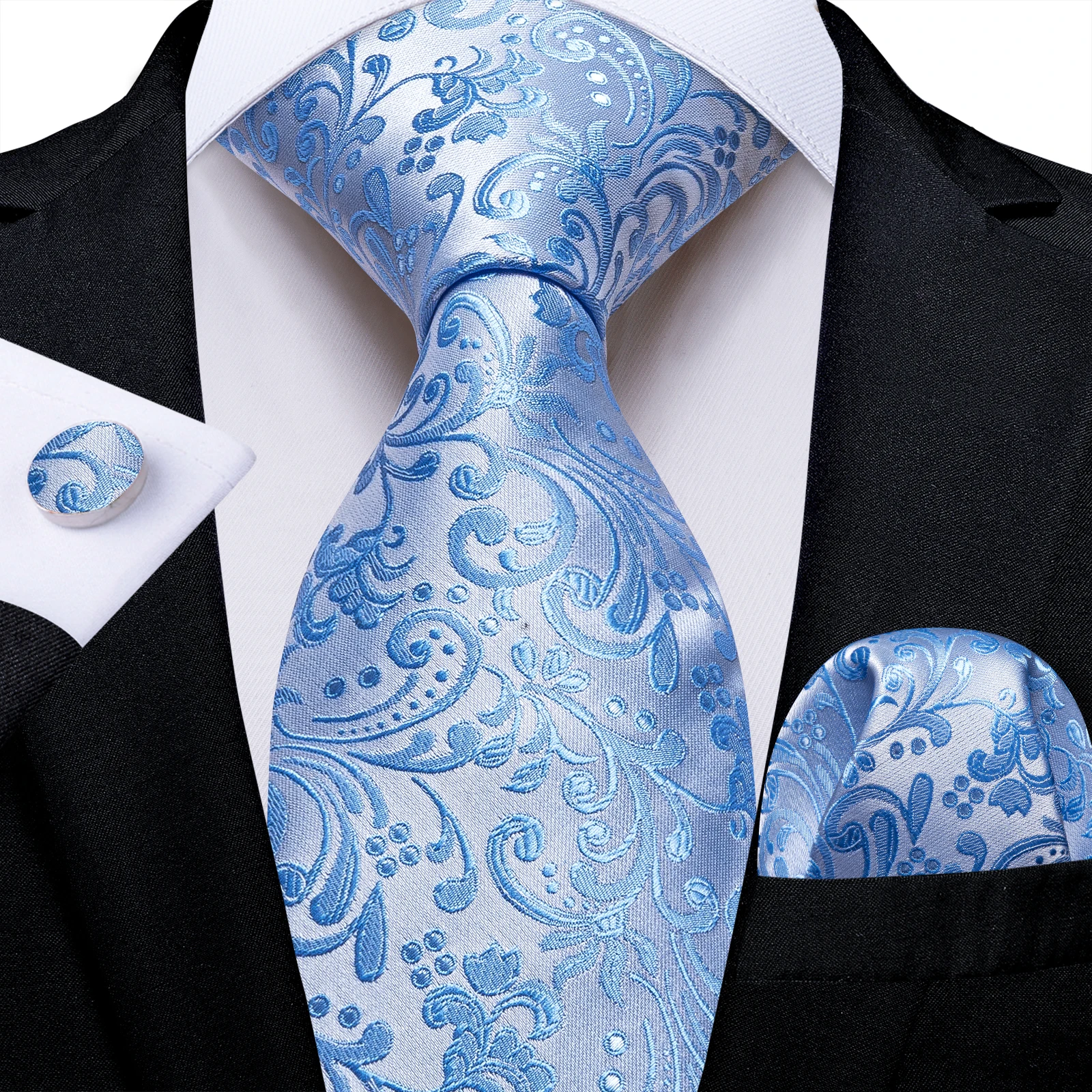 Light Blue Men's Paisley Floral Tie Set with Handkerchief and Cufflinks - Formal Wedding Party Accessories Gift