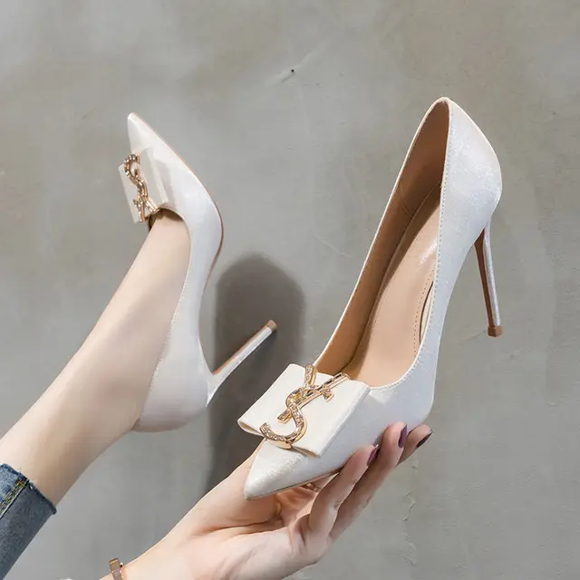 French Women Shoes High Heels Pumps Rhinestone Letter Designer Thin Heels Sexy Pointed Toe Stiletto Party Working Shoe for Woman 4