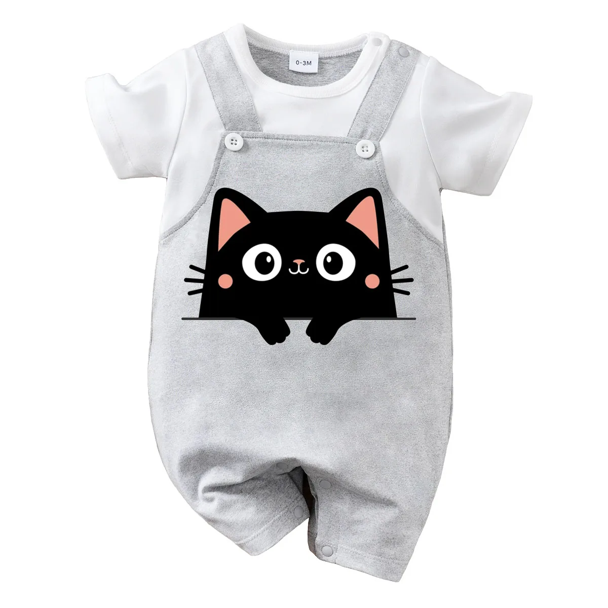 IURNXB Baby Romper Summer Infant Cartoon Cute Black Cat Printed Unisex Short Sleeve Onesie with Suspender Adorable Outfit 0-18M 1