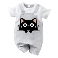 IURNXB Baby Romper Summer Infant Cartoon Cute Black Cat Printed Unisex Short Sleeve Onesie with Suspender Adorable Outfit 0-18M