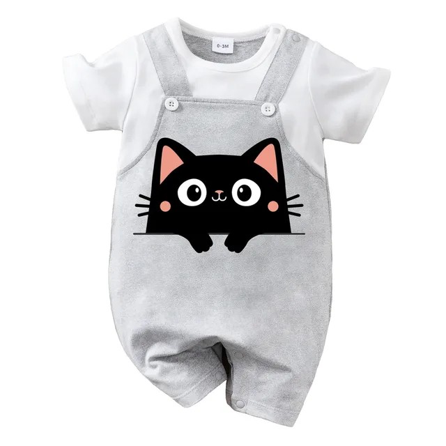 IURNXB Baby Romper Summer Infant Cartoon Cute Black Cat Printed Unisex Short Sleeve Onesie with Suspender Adorable Outfit 0-18M 1