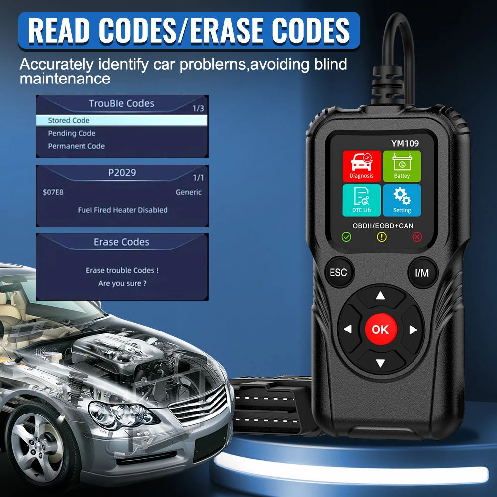 Car Diagnostic Tools Fault Code Clear OBD II EOBD Scanner Check Engine System Battery Tester ​YM109 Car OBD2 Code Reader 6
