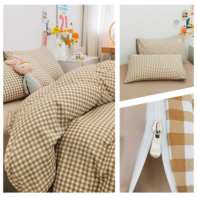 Ensemble de housse de couette 100% coton, ensemble de literie avec rayures à carreaux, respirant et respectueux de la peau, 1 housse de couette, 2 taies d'oreiller, Style Simple japonais 5