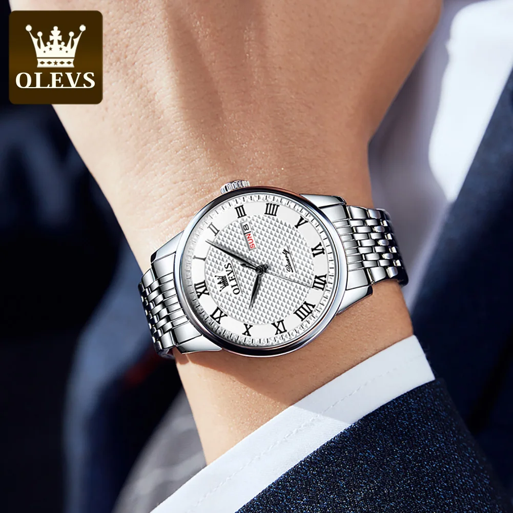 OLEVS Original Quartz Watch for Man Stainless Steel Strap Waterproof Roman Scale Dial Luxury Wristwatches Relogio Masculino