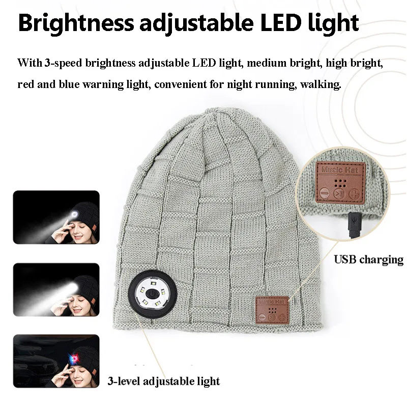 Warm Bluetooth 5.0 Headphones Outdoor LED Light Music Hat with MIC for Handsfree Easy to Disassemble Washable Birthday Gifts