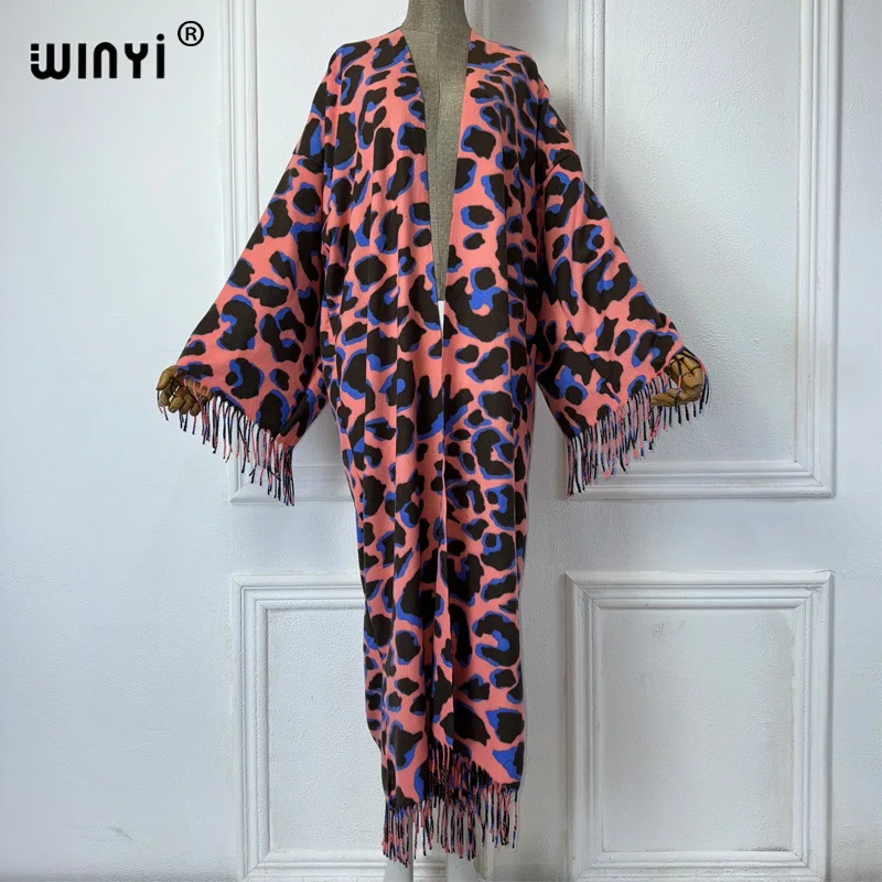 WINYI leopard long cardigan African women winter kimono long