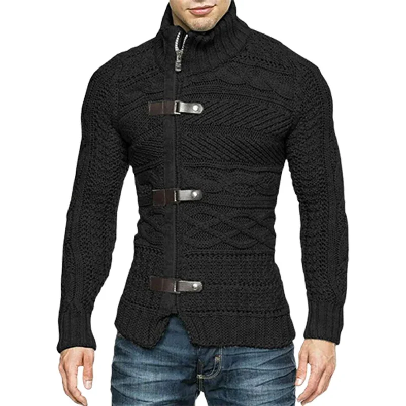 

Leather Buckle Zipper Thickened Sweater Men Solid Color Slim Warm Turtleneck Jumpers Male Autumn Winter Casual Knitted Outerwear