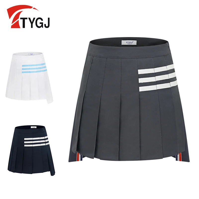 TTYGJ Golf Design Sense Three Bars Pleated Half Skirt Female Spring and Summer New Thin High Waist a Word Sports Skirt