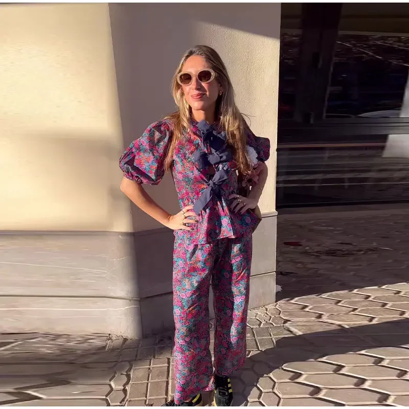 Women Pants Suits Fashion Straight Pants 2 Piece Sets Hollow Out Lace Up Shirts High Waist Pant Suits Chic Women Pants Outfit