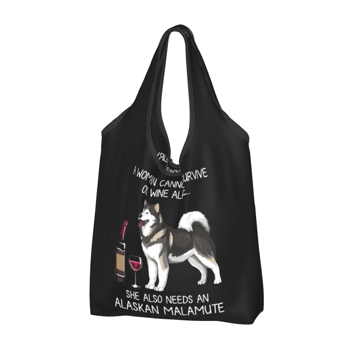 

Custom Alaskan Malamute And Wine Funny Dog Shopping Bag Women Portable Big Capacity Grocery Dog Lovers Animal Tote Shopper Bags