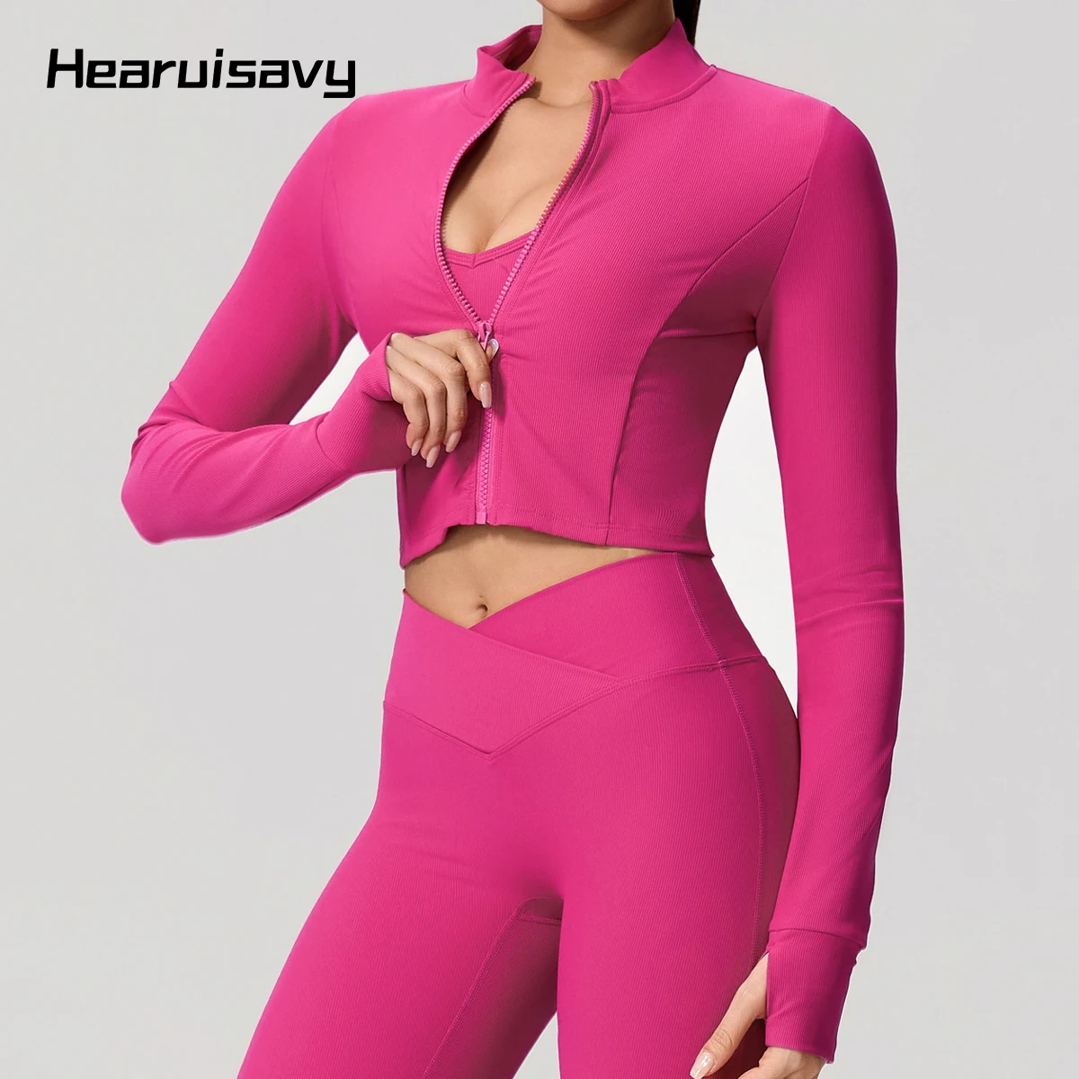 Hearuisavy Solid Color Zip Up Sports Jacket Women Running Long Sleeve Yoga Tops Gym Sportswear Quick Dry Breathable Fitness Coat
