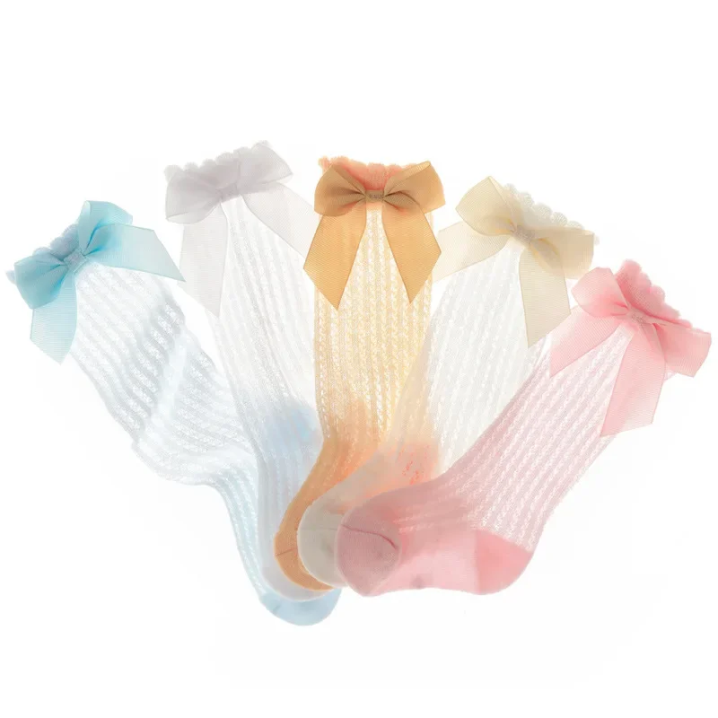 Children Socks Thin Kids Knee High Socks Baby Girls Boys Bow Long Sock Soft Cotton Mesh Breathable for 0-3 Years