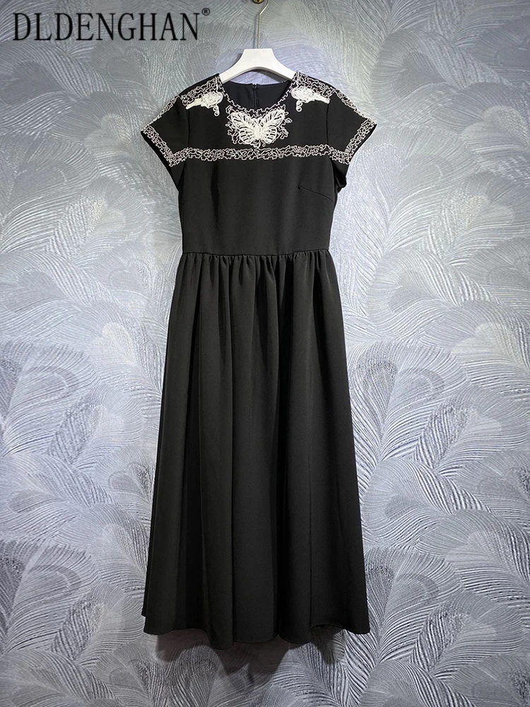 

DLDENGHAN Early Autumn Long Dress Women O-Neck Short Sleeve Embroidery High Waist Black Vintage Dresses Fashion Runway New
