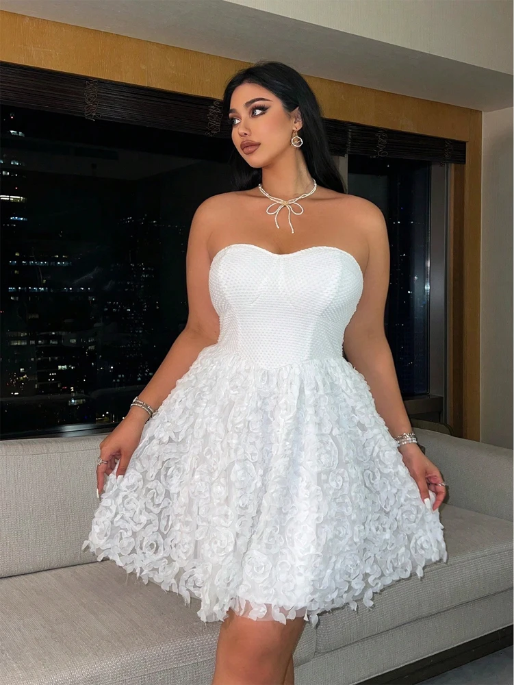 Plus Size 2025 Summer New Models Elegant Three-Dimensional Flowers Flowers Net Yarn Patchwork Corset Dress Polyester Material 1