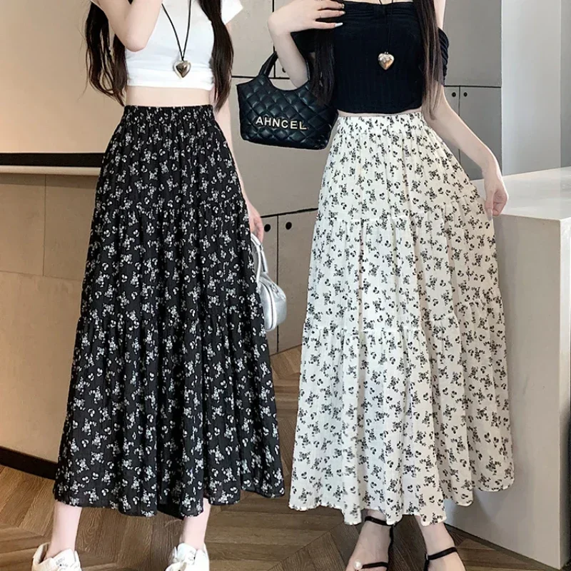 

Fashion Korean Floral Print Skirt Women 2023 Summer New Elegant Black Long Skirt Female A-line Drap Beach Holdiay Faldas Mujer