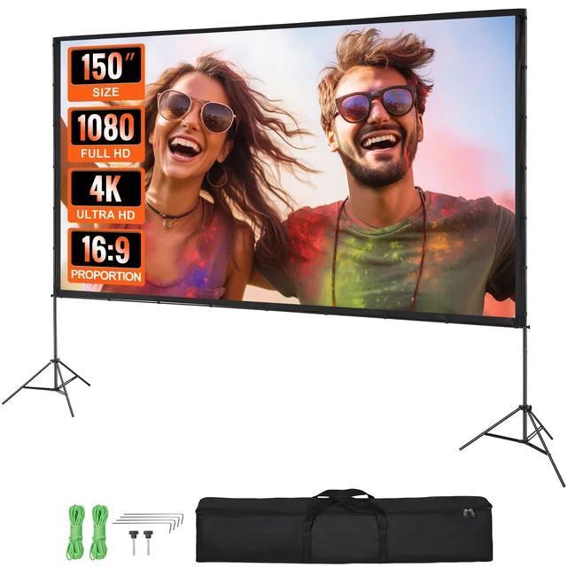 SucceBuy Projector Screen w/ Stand 150in 16:9 4K 1080 HD Portable Projection Screen for Home Office Garden Moive Theater Cinema